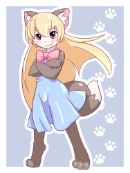 Rule 34 | 1girl, :3, aged up, akuma gaoru, animal ear fluff, animal ears, animal nose, beige fur, black fur, blonde hair, blue background, blue dress, blush, body fur, bow, commentary request, crossed arms, digitigrade, dress, full body, furry, furry female, futaba channel, gachirin (mint0527), hair between eyes, long hair, looking at viewer, outline, paw print, pink bow, pink eyes, simple background, smug, solo, standing, tail