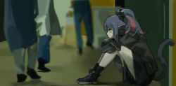 Rule 34 | 1girl, 3others, animal ears, arknights, black footwear, black gloves, black jacket, black legwear, black shorts, blue hair, blurry, cat ears, cat girl, cat tail, chinese commentary, crossed arms, depth of field, from side, gloves, green eyes, headset, implied extra ears, jacket, jessica (arknights), long hair, multicolored hair, multiple others, pink hair, ponytail, shinnasuka025, shoes, shorts, sitting, socks, solo focus, tail, two-tone hair