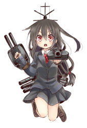 Rule 34 | 10s, 1girl, aiming, aiming at viewer, black hair, blush, hatsushimo (kancolle), jumping, kantai collection, long hair, looking at viewer, nagasioo, necktie, open mouth, pleated skirt, red eyes, school uniform, skirt, solo, turret