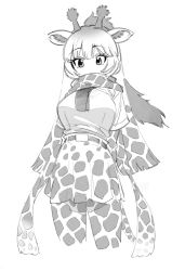 Rule 34 | 1girl, animal ear fluff, animal ears, animal print, arms behind back, belt, covered mouth, cowboy shot, giraffe ears, giraffe horns, giraffe print, giraffe tail, greyscale, highres, horns, kemono friends, kona ming, long hair, looking at viewer, monochrome, multicolored hair, pantyhose, ponytail, print pantyhose, print scarf, print skirt, scarf, short sleeves, simple background, skirt, solo, tail, white background