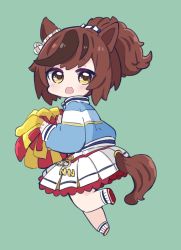 Rule 34 | 1girl, animal ears, blue jacket, blush, brown eyes, brown hair, chibi, commentary request, from side, full body, green background, highres, holding, horse ears, horse girl, horse tail, jacket, looking at viewer, looking to the side, multicolored hair, nice nature (run&amp;win) (umamusume), nice nature (umamusume), nozo (hitomiz), open mouth, pleated skirt, pom pom (cheerleading), ponytail, red footwear, shoe soles, shoes, simple background, skirt, socks, solo, streaked hair, tail, umamusume, white skirt, white socks