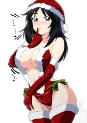 Rule 34 | 1girl, black hair, blue eyes, blush, breasts, christmas, cleavage, collarbone, elbow gloves, finger to mouth, girls und panzer, gloves, hat, highres, ichijou takakiyo, large breasts, leotard, long hair, looking at viewer, navel, open mouth, red gloves, red thighhighs, santa costume, santa hat, simple background, solo, thighhighs, white background, yamagou ayumi