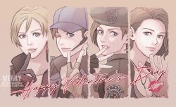 Rule 34 | beret, blonde hair, blue headwear, breasts, brown hair, cleavage, closed mouth, fingerless gloves, gloves, happy valentine, hat, highres, hitsuji merry, jill valentine, long hair, looking at viewer, medium breasts, one eye closed, parted lips, resident evil, resident evil: death island, resident evil 1, resident evil 3, resident evil 3: nemesis, resident evil 3 (remake), resident evil 5, short hair, simple background, v, valentine