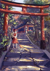 Rule 34 | 1girl, bow, broom, cat, commentary request, dated, hair bow, hakurei reimu, highres, japanese clothes, making-of available, nontraditional miko, outdoors, path, photoshop (medium), pigeon-toed, red bow, revision, road, shrine, signature, solo, stairs, standing, stone lantern, torii, touhou, tree, xiaobanbei milk