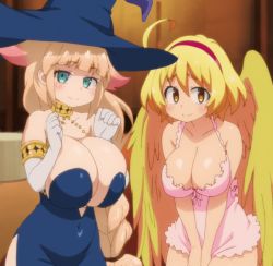 Rule 34 | 2girls, anime screenshot, bare shoulders, blonde hair, braid, braided ponytail, breasts, choker, cleavage, demia duodectet, eldri, huge breasts, ishuzoku reviewers, large breasts, lowres, multiple girls, screencap, stitched, third-party edit