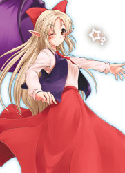 Rule 34 | 1girl, blonde hair, bow, elis (touhou), fechirin, female focus, hair bow, highly responsive to prayers, highres, one eye closed, pointy ears, red eyes, solo, star (symbol), touhou, touhou (pc-98), wings, wink