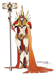 Rule 34 | 1girl, armor, cape, hammer, high heels, humanoid robot, mecha focus, mistress of flame, narrow waist, official art, orange cape, robot, sarah stone, shoulder armor, solo, the transformers (idw), thighs, transformers, war hammer, weapon, white background, wide hips, yellow eyes