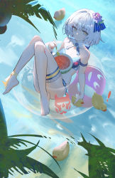 Rule 34 | !, 1girl, absurdres, bare shoulders, barefoot, bikini, blue bikini, brown eyes, closed mouth, collarbone, commentary request, day, float-dian, flower, food, fruit, hair flower, hair ornament, highres, holding, holding spoon, knees together feet apart, knees up, looking at viewer, original, outdoors, palm tree, purple flower, rubber duck, solo, spoon, swimsuit, transparent, tree, water, watermelon, white hair
