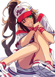 Rule 34 | 1girl, absurdres, bare legs, baseball cap, commentary request, grin, hair ornament, hairclip, hat, high ponytail, highres, himekawa yuki, hugging own legs, idolmaster, idolmaster cinderella girls, knees up, looking at viewer, on floor, one eye closed, onimoti, resolution mismatch, shoes, smile, sneakers, solo, source smaller, thighs, white background, wristband
