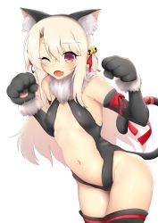 Rule 34 | 1girl, absurdres, animal ears, animal hands, black gloves, black leotard, black thighhighs, breasts, cat ears, cat tail, commentary request, coyomin, dangeroes beast (illya), elbow gloves, fate/kaleid liner prisma illya, fate (series), full body, fur trim, gloves, highleg, highleg leotard, highres, illyasviel von einzbern, legs together, leotard, long hair, looking at viewer, navel, official alternate costume, open mouth, paw gloves, red eyes, red ribbon, revealing clothes, ribbon, shiny skin, silver hair, simple background, small breasts, solo, standing, tail, thighhighs, white background