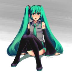 Rule 34 | 1girl, aqua eyes, aqua hair, bare shoulders, black thighhighs, blush, boots, detached sleeves, hair ornament, hatsune miku, headphones, highres, knees together feet apart, long hair, nail polish, necktie, parted lips, roarke (lavenderincubus), sitting, solo, tattoo, thigh boots, thighhighs, twintails, very long hair, vocaloid
