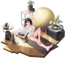 Rule 34 | 1girl, ahoge, arm support, arm up, atdan, azur lane, bare shoulders, barefoot, black hair, collarbone, computer, dumbbell, feet, hairband, highres, independence (azur lane), independence (liberty and leisure) (azur lane), laptop, legs, crossed legs, looking at viewer, off shoulder, official alternate costume, official art, phonograph, red eyes, sitting, solo, transparent background