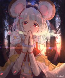 Rule 34 | 1girl, = =, absurdres, animal, animal ears, black bow, blush, bow, breath, cheese, closed eyes, commentary, commentary request, eating, english commentary, food, granblue fantasy, grey hair, hair bow, hair ornament, hairclip, hands up, highres, long sleeves, looking at viewer, mouse (animal), mouse ears, outdoors, own hands together, red bow, red eyes, runemill, shirt, sleeves past wrists, solo, sunset, tree, twitter username, vikala (granblue fantasy), white shirt