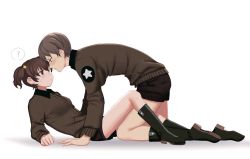 Rule 34 | 2girls, ?, alisa (girls und panzer), arm up, black footwear, black shorts, blush, boots, brown eyes, brown hair, brown jacket, emblem, freckles, girls und panzer, hair ornament, highres, jacket, kneeling, leaning back, leaning forward, light frown, long sleeves, looking at another, military, military uniform, multiple girls, naomi (girls und panzer), saunders military uniform, short hair, short twintails, shorts, simple background, sitting, spoken question mark, star (symbol), star hair ornament, sweatdrop, twintails, uniform, very short hair, white background, yoshipi, yuri