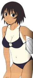 Rule 34 | 1girl, artist request, azumanga daiou, ball, bikini, breasts, brown eyes, brown hair, cleavage, cowboy shot, female focus, holding, holding ball, kagura, short hair, simple background, solo, swimsuit, tan, tanline, volleyball (object), white background