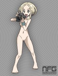 Rule 34 | 1girl, absurdres, armpits, artist name, barefoot, blonde hair, bracelet, breasts, camera, cleft of venus, clenched hands, collarbone, completely nude, creatures (company), eyebrows, eyelashes, feet, female focus, fingernails, full body, game freak, green eyes, grey background, groin, gym leader, hands up, happy, highres, holding, holding camera, jewelry, legs, looking afar, medium breasts, medium hair, navel, neck, nilterguy, nintendo, nipples, nude, nude filter, official art nude filter, open mouth, parted bangs, pigeon-toed, pokemon, pokemon xy, pussy, sidelocks, smile, standing, thighs, third-party edit, toenails, toes, unworn clothes, viola (pokemon)