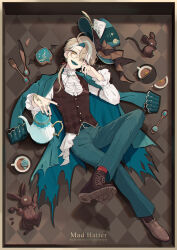 Rule 34 | 1boy, :d, akakura, alice in wonderland, aqua coat, aqua hair, aqua hat, aqua pants, aqua tongue, argyle, argyle background, argyle clothes, argyle vest, ascot, belt, belt buckle, black eyes, black nails, blonde hair, boots, border, bow, bracelet, brown background, brown bow, brown footwear, brown vest, buckle, cake, chocolate, coat, coat on shoulders, colored inner hair, colored tongue, cookie, cross-laced footwear, cup, curtained hair, ear chain, earrings, figure four sitting, flower on liquid, food, food art, fork, frilled shirt collar, frilled sleeves, frills, full body, gears, green belt, hair between eyes, hair over shoulder, hair ribbon, hand on own face, hat, hat bow, hat feather, hat ornament, head tilt, heterochromia, highres, jewelry, knife, lace-up boots, long hair, long sleeves, looking at viewer, low ponytail, mad hatter (alice in wonderland), male focus, monocle, mouse (animal), multicolored hair, multiple rings, musical note, nail polish, open mouth, original, pants, pinstripe pants, pinstripe pattern, rabbit, red ribbon, red socks, ribbon, ring, ringed eyes, sharp teeth, shirt, shoe soles, sleeve cuffs, sleeve garter, smile, socks, solo, spoken musical note, spoon, streaked hair, striped bow, stud earrings, teacup, teapot, teeth, tilted headwear, top hat, torn clothes, torn coat, veil, vest, wax seal, white ascot, white hair, white shirt, yellow border, yellow eyes