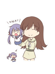 Rule 34 | 10s, 2girls, ^^^, akebono (kancolle), bell, blue skirt, brown hair, character doll, closed eyes, closed mouth, flower, hair bell, hair flower, hair ornament, hand puppet, kantai collection, long hair, long sleeves, miyo (miyomiyo01), multiple girls, neckerchief, ooi (kancolle), open mouth, pleated skirt, puppet, purple hair, remodel (kantai collection), school uniform, serafuku, short sleeves, side ponytail, simple background, skirt, smile, translation request, ventriloquism, white background