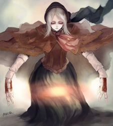 Rule 34 | 1girl, bloodborne, bonnet, breasts, cloak, colored skin, doll joints, dress, hat, joints, nirco, plain doll, scarf, simple background, solo, white eyes, white hair, white skin