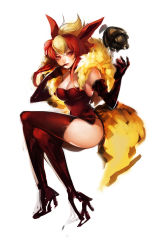 Rule 34 | 1girl, animal ears, ass, blush, boots, breasts, cleavage, creatures (company), crossed legs, dome fossil, dress, elbow gloves, flareon, full body, fur, fur trim, game freak, gen 1 pokemon, gloves, highres, ippus, large breasts, looking at viewer, moemon, multicolored hair, nintendo, personification, pokemon, red dress, red eyes, red gloves, red hair, red thighhighs, shadow, shoes, sidelocks, simple background, sitting, smile, solo, tail, thigh boots, thighhighs, twitch plays pokemon, white background