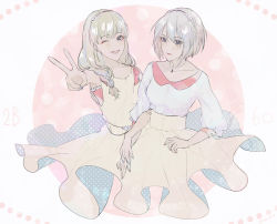 Rule 34 | 2girls, alternate costume, blonde hair, blouse, blue eyes, blue nails, blush, braid, character name, contemporary, couple, dress, fingernails, full moon, grin, hair ornament, hair over one eye, hairband, holding hands, jewelry, kaori, locked arms, long hair, looking at viewer, matching outfits, mole, mole under mouth, moon, multiple girls, nail polish, necklace, necktie, nier:automata, nier (series), one eye closed, operator 6o, pink nails, polka dot, polka dot dress, red moon, shirt, short hair, side-by-side, silver hair, skirt, smile, v, white shirt, yellow dress, yellow skirt, 2b (nier:automata), yuri