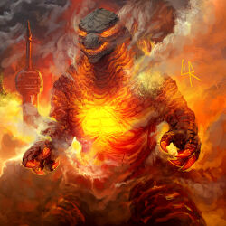 Rule 34 | aura, building, burning godzilla, china, chipyray, claws, giant, giant monster, gills, glowing, glowing eyes, glowing gills, glowing mouth, glowing spikes, glowing veins, godzilla, godzilla: king of the monsters, godzilla (series), highres, kaijuu, legendary pictures, looking at viewer, monster, monsterverse, no humans, orange eyes, oriental pearl tower, real world location, shanghai (city), smoke, spikes, steam, tail, toho, tower, veins