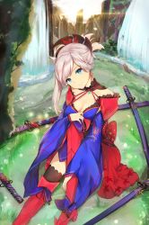 Rule 34 | blue eyes, fate/grand order, fate (series), highres, looking at viewer, miyamoto musashi (fate), miyamoto musashi (third ascension) (fate), mosta (lo1777789), ponytail, sitting, smile, solo, sword, tree, water, waterfall, weapon