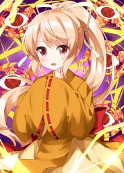 Rule 34 | 1girl, :d, blonde hair, cowboy shot, dress, hands in opposite sleeves, highres, long sleeves, looking at viewer, open mouth, orange dress, ponytail, purple background, red eyes, ribbon-trimmed sleeves, ribbon trim, ruu (tksymkw), smile, solo, standing, touhou, touhou (pc-98), wide sleeves, yuugenmagan