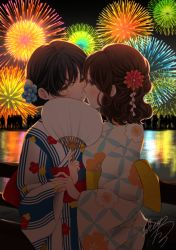 Rule 34 | 2girls, aerial fireworks, black hair, blue flower, blush, brown hair, commentary request, eye contact, fence, fireworks, floral print, flower, hair flower, hair ornament, hand fan, highres, holding, holding fan, imminent kiss, japanese clothes, kimono, long sleeves, looking at another, multiple girls, night, night sky, obi, original, outdoors, paper fan, parted lips, print kimono, profile, red flower, reflection, sash, sheepd, signature, silhouette, sky, uchiwa, water, white kimono, wide sleeves, yellow eyes, yukata, yuri