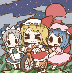 Rule 34 | &gt; &lt;, 3girls, :d, adomi, apron, bicycle, blue dress, blush stickers, braid, chibi, closed eyes, cloud, dress, female focus, flandre scarlet, frog, full moon, hair ribbon, hat, hat ribbon, izayoi sakuya, maid, maid apron, maid headdress, millipen (medium), mob cap, moon, multiple girls, night, open mouth, pink dress, red dress, red moon, remilia scarlet, ribbon, riding, sash, siblings, side ponytail, sisters, sky, smile, solid circle eyes, star (sky), starry sky, touhou, traditional media, twin braids, waist apron, wavy mouth, wings