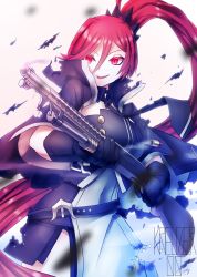 Rule 34 | 1girl, absurdres, artist name, azur lane, black gloves, cape, commentary, english commentary, gloves, glowing, glowing eyes, grin, gun, hair between eyes, highres, holding, holding gun, holding weapon, ithaca m37, kreuzer 00, long hair, maryland (azur lane), necktie, open mouth, ponytail, pump action, red eyes, red hair, shell casing, shotgun, signature, simple background, smile, smoke, smoking barrel, solo, torn clothes, weapon, white background