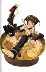 Rule 34 | 1girl, :q, anklet, armlet, bare shoulders, between toes, black hair, black thighhighs, bowl, breasts, choker, chopsticks, cleavage, detached sleeves, eyebrows hidden by hair, feet, food, foreshortening, hat, highres, in food, jewelry, kamaboko, large breasts, narutomaki, noodles, okama, original, oversized object, ramen, short hair, soles, solo, submerged, thighhighs, toeless legwear, toes, tongue, tongue out, yellow eyes
