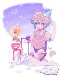Rule 34 | 1boy, barefoot, basil (headspace) (omori), basil (omori), blue overalls, blush, box, flower, gift, gift box, green eyes, green hair, happy birthday, hat, head wreath, highres, looking at viewer, omori, open mouth, overall shorts, overalls, party hat, plant, potted plant, scrapbook, short hair, smile, solo, sprout mole, sunflower, yuyuyu m5