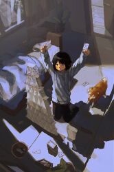 Rule 34 | 1girl, arms up, bed, bedroom, black eyes, black hair, black pants, blush, card, chair, commentary, desk, from above, full body, hair flaps, highres, holding, holding card, house of cards, indoors, kneeling, light smile, long sleeves, looking at object, motion blur, on floor, open door, open mouth, original, pants, plant, playing card, potted plant, shadow, shiba inu, shirt, short hair, sidelighting, socks, solo, sunlight, sweat, whale daisuki, white shirt, white socks, window