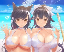 Rule 34 | 2girls, alternate costume, animal ear fluff, animal ears, arm at side, asymmetrical docking, atago (azur lane), atago (summer march) (azur lane), atago (summer march) (azur lane), azur lane, beach, bikini, black hair, blue sky, blush, bow, bracelet, breast press, breasts, casual one-piece swimsuit, choker, closed mouth, clothing cutout, cloud, criss-cross halter, day, extra ears, flower, hair bow, hair flaps, hair flower, hair ornament, halterneck, hand up, heart, highres, jewelry, large breasts, lifted by self, looking at viewer, mole, mole under eye, multiple girls, nanam (nanam sk), navel cutout, ocean, one-piece swimsuit, parted lips, ponytail, ribbon, see-through, shoulder-to-shoulder, skindentation, sky, smile, strap lift, swept bangs, swimsuit, sword, takao (azur lane), takao (beach rhapsody) (azur lane), underboob, upper body, weapon, wet, white bikini, white bow, white choker, white one-piece swimsuit, white ribbon, wooden sword, yellow eyes