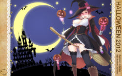 Rule 34 | 10s, 1girl, 2012, aphrodisiac, bat (animal), blush, breast slip, breasts, breath, broom, castle, corset, crescent moon, crotch rub, dildo, female masturbation, fence, frills, graveyard, halloween, hat, highres, jack-o&#039;-lantern, korisei, lace, large breasts, long hair, masturbation, moon, nipples, no panties, nose blush, one breast out, open mouth, original, pink eyes, potion, pumpkin, pussy juice, red hair, saliva, sex toy, silhouette, solo, star (symbol), thighhighs, tombstone, tree, vibrator, wallpaper, witch, witch hat