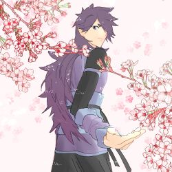 Rule 34 | 1boy, absurdres, branch, fengxi (the legend of luoxiaohei), flower, from behind, highres, long hair, long sleeves, looking at viewer, looking back, pink flower, pointy ears, purple eyes, purple hair, route7sdr, solo, luo xiaohei zhanji