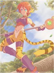 Rule 34 | 1girl, animal ears, breasts, breath of fire, breath of fire ii, bustier, cat ears, cat tail, facial mark, furry, furry female, gloves, green eyes, koto (koto 720), no panties, no pants, orange hair, pointy ears, red hair, rinpoo chuan, sharp toenails, short hair, small breasts, solo, staff, tail, toenails