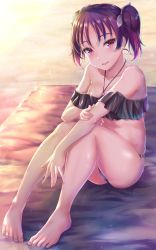 Rule 34 | 1girl, :d, barefoot, beach, bikini, black bikini, blush, bow, breasts, cleavage, collarbone, hair bow, halterneck, highres, kazuno leah, looking at viewer, love live!, love live! sunshine!!, medium breasts, off shoulder, open mouth, outdoors, purple hair, rama (yu-light8), red eyes, short hair, sitting, smile, solo, swimsuit, twintails, white bow