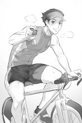 Rule 34 | 1boy, bicycle, bike jersey, bike shorts, blush, bulge, creatures (company), cycling uniform, cyclist, game freak, greyscale, haiki (tegusu), highres, holding, holding poke ball, looking at viewer, male focus, monochrome, nintendo, original, poke ball, pokemon, riding, riding bicycle, short hair, sideburns, smile, solo, sweat, sweatdrop, thick thighs, thighs, toned, toned male