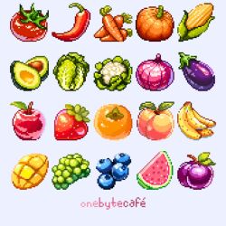 apple artist_name avocado banana blue_background blueberry carrot cauliflower chili_pepper commentary corn eggplant english_commentary food food_focus fruit grapes jalapeno_pepper leaf lettuce mango no_humans one_byte_cafe onion orange_(fruit) original peach pixel_art plum pumpkin simple_background still_life strawberry tomato vegetable watermelon watermelon_slice