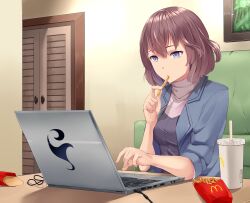 Rule 34 | 1girl, blue eyes, breasts, brown hair, commentary, computer, cup, disposable cup, door, eating, english commentary, food, french fries, hair between eyes, highres, laptop, mcdonald&#039;s, mengo, quan zhi gao shou, shadow, short hair, sitting, small breasts, solo, table, tang rou