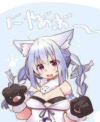 Rule 34 | 1girl, :3, :d, ahoge, animal ear fluff, animal ears, animal hands, armpit crease, bare shoulders, black gloves, blue background, blue ribbon, blush, braid, breasts, bright pupils, cat girl, claws, cleavage, commentary request, don-chan (usada pekora), dot nose, eyes visible through hair, fish hair ornament, fur-trimmed gloves, fur trim, gloves, hair between eyes, hair ornament, highres, hololive, large breasts, long hair, looking at viewer, multicolored hair, open mouth, paw gloves, paw print, pom pom (clothes), red eyes, ribbon, shiny skin, shirogane (platinum), short eyebrows, sidelocks, smile, thick eyebrows, translated, twin braids, upper body, usada pekora, usada pekora (1st costume), virtual youtuber, white hair, white pupils