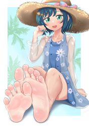 Rule 34 | 1girl, barefoot, blue background, blue hair, blush, delicious party precure, dress, feet, foreshortening, fuwa kokone, green eyes, hat, highres, looking at viewer, medium hair, open mouth, precure, soles, straw hat, toes