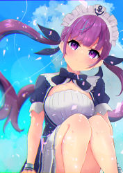 Rule 34 | 1girl, absurdres, black bow, black dress, black ribbon, blue hair, blue sky, blush, bow, braid, breasts, cleavage, closed mouth, cloud, commentary request, day, dress, feet out of frame, frilled dress, frills, hair ribbon, highres, hololive, long hair, looking at viewer, maid headdress, medium breasts, minato aqua, minato aqua (1st costume), multicolored hair, neko punch (user hddm3373), outdoors, purple eyes, purple hair, ribbon, short sleeves, sidelocks, sitting, sky, smile, solo, streaked hair, twintails, very long hair, virtual youtuber, wrist cuffs