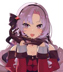 Rule 34 | 1girl, :d, bare shoulders, blush, brown gloves, chest tattoo, claw ring, dress, gloves, hair ornament, hair ribbon, hairband, hands up, highres, hsin, hyakumantenbara salome, hyakumantenbara salome (1st costume), juliet sleeves, light purple hair, long hair, long sleeves, looking at viewer, nijisanji, off shoulder, open mouth, puffy sleeves, purple eyes, purple ribbon, red dress, ribbon, simple background, smile, solo, tattoo, upper body, virtual youtuber, white background