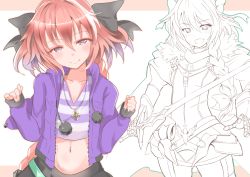 Rule 34 | 1boy, astolfo (fate), astolfo (memories at trifas) (fate), black bow, black ribbon, bow, braid, fate/apocrypha, fate/grand order, fate (series), hair intakes, hair ribbon, jewelry, long braid, male focus, midriff, multicolored hair, multiple views, necklace, official alternate costume, p answer, pink hair, pom pom (clothes), purple eyes, ribbon, single braid, streaked hair, trap