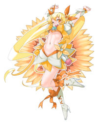 Rule 34 | 10s, 1girl, arms up, blonde hair, boots, bow, brooch, cure sunshine, flower, heart, heart brooch, heartcatch precure!, knee boots, long hair, magical girl, midriff, myoudouin itsuki, navel, one eye closed, open mouth, orange bow, orange skirt, precure, skirt, smile, solo, sunflower, takoyaki neko-san, twintails, white background, wink, yellow bow, yellow eyes, yellow theme