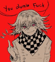 Rule 34 | 1boy, anger vein, angry, buttons, checkered clothes, checkered scarf, danganronpa (series), danganronpa v3: killing harmony, english text, eyebrows, highres, male focus, middle finger, nanamichiii, oma kokichi, pink eyes, scarf, shirt, short hair, side bangs, simple background, solo, straitjacket, text focus