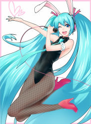 Rule 34 | 1girl, animal ears, aqua eyes, aqua hair, bad id, bad pixiv id, fake animal ears, fishnet pantyhose, fishnets, hatsune miku, headphones, high heels, long hair, microphone, one eye closed, open mouth, outstretched arm, pantyhose, playboy bunny, rabbit ears, shoes, solo, twintails, very long hair, vocaloid, wink
